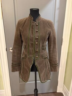 Soda Brown Velvet Military-Style Jacket with Green Trim